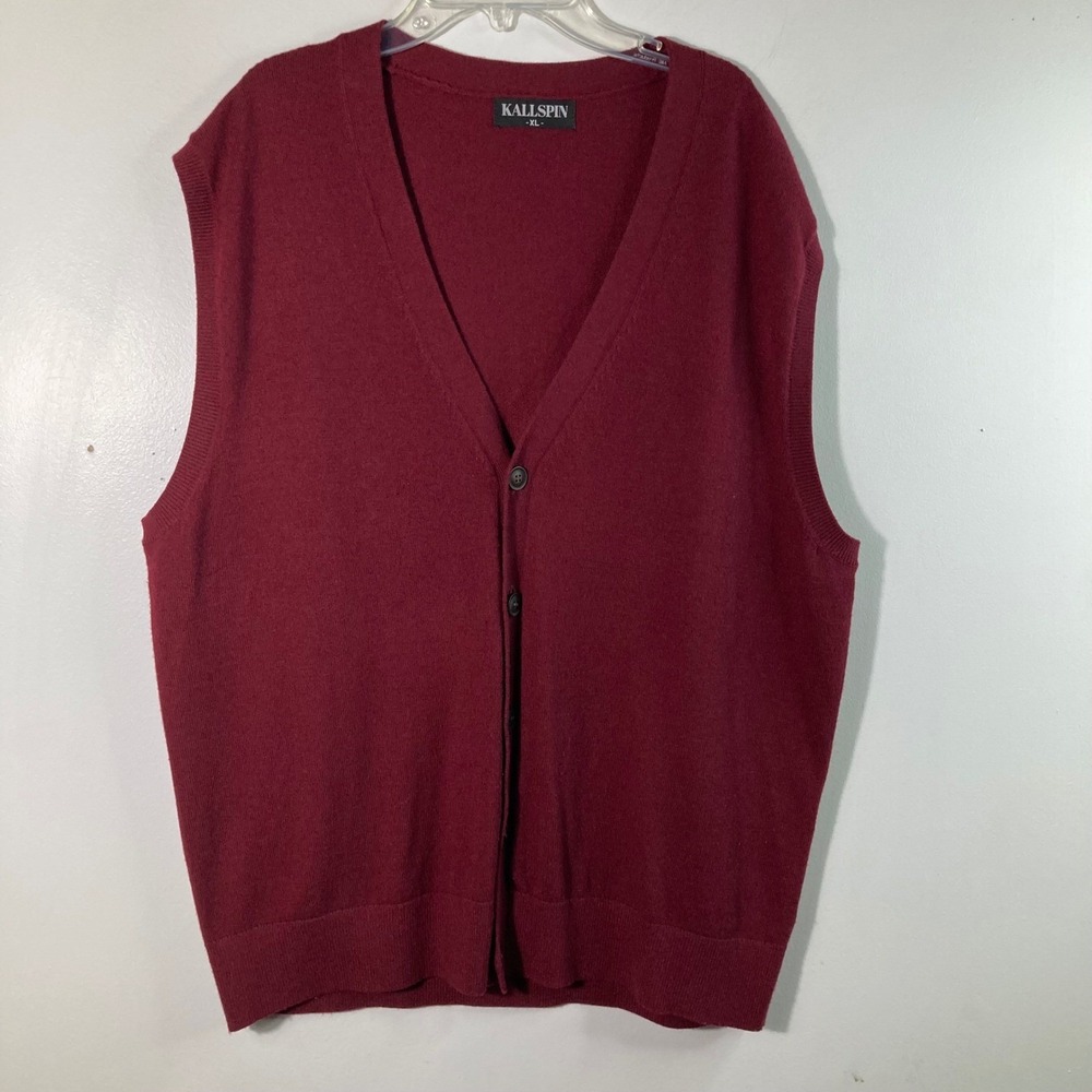 Kallspin Mens Burgundy V-Neck‎ Button Up Sweater Vest Cashmere BlendXL
